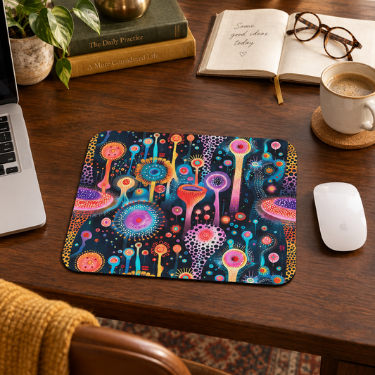 Surreal Seascape Forest Mouse Pad in a warm home workspace with a white Apple mouse.