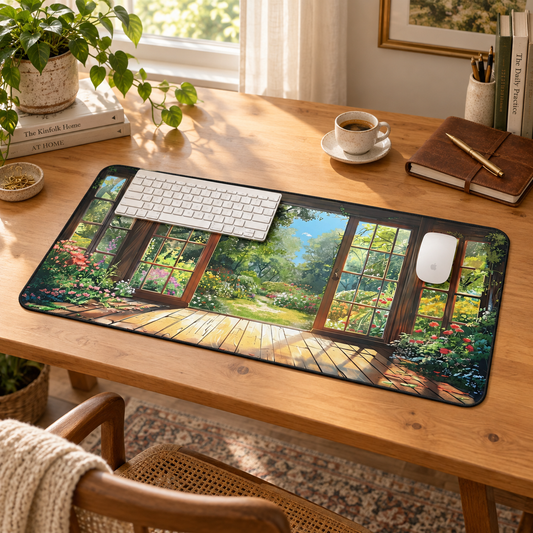 Spring Garden View Desk Mat (Desk Pad) in a warm home workspace with a white Apple mouse.