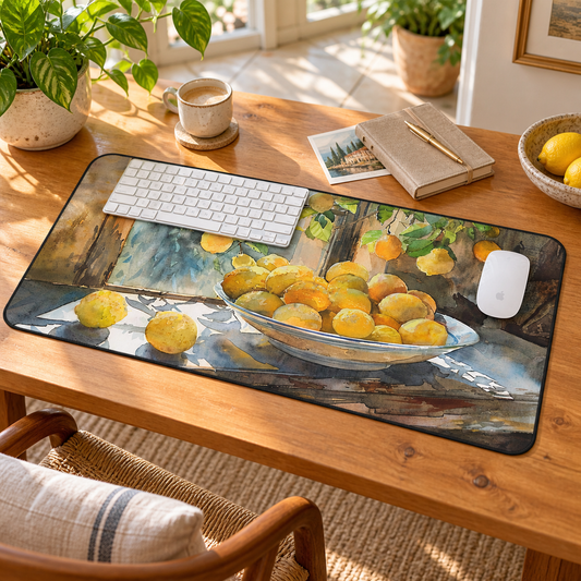 Morning Light on Lemons Desk Mat (Desk Pad) in a warm home workspace with a white Apple mouse.