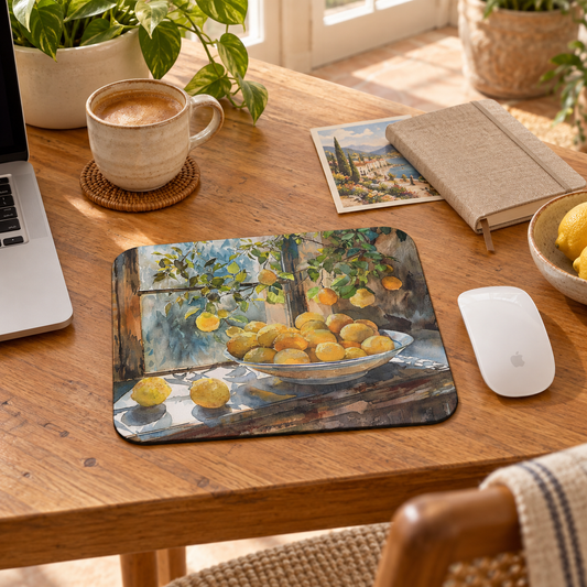 Morning Light on Lemons Mouse Pad in a warm home workspace with a white Apple mouse.