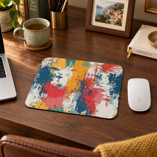 Paint Splash Palette Mouse Pad in a warm home workspace with a white Apple mouse.