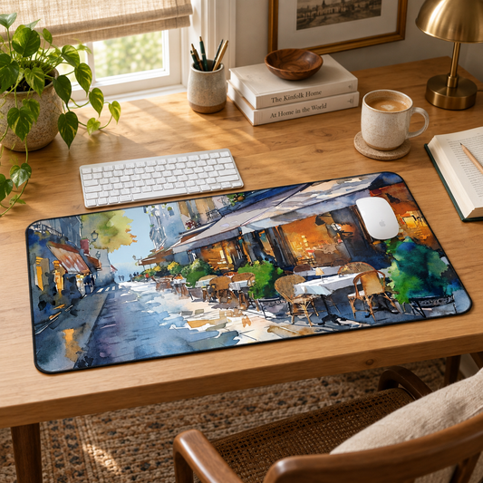 Parisian Bistro Bliss Desk Mat (Desk Pad) in a warm home workspace with a white Apple mouse.