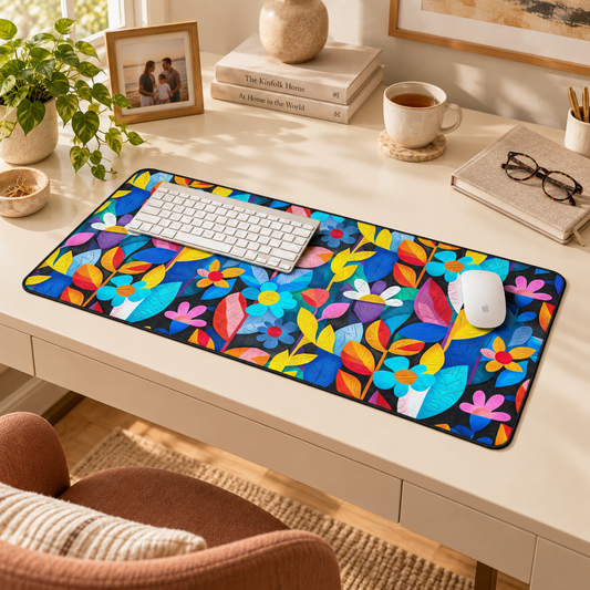 Rhapsody in Bloom Desk Mat (Desk Pad) in a warm home workspace with a white Apple mouse.