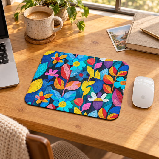 Rhapsody in Bloom Mouse Pad in a warm home workspace with a white Apple mouse.