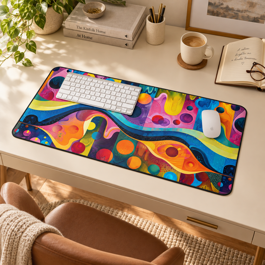 Color Wave Desk Mat (Desk Pad) in a warm home workspace with a white Apple mouse.