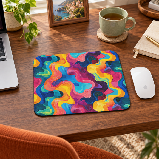 Wavelength Wonder Mouse Pad in a warm home workspace with a white Apple mouse.
