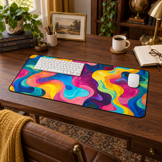 Wavelength Wonder Desk Mat (Desk Pad) in a warm home workspace with a white Apple mouse.