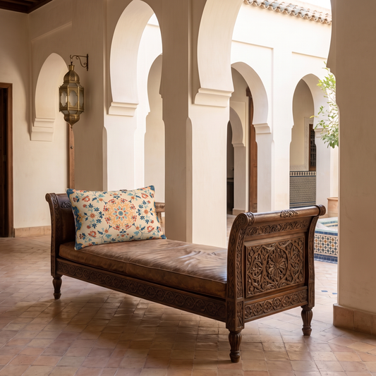 Alhambra Garden lumbar pillow in a serene Andalusian salon