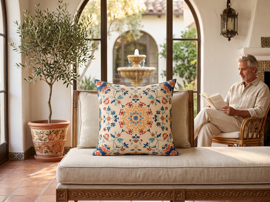 Alhambra Garden square throw pillow in its unique interior setting