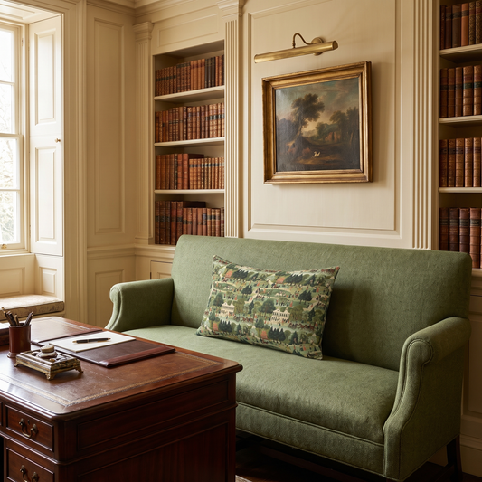 American 18th Century Town Tapestry lumbar pillow in a Georgian library
