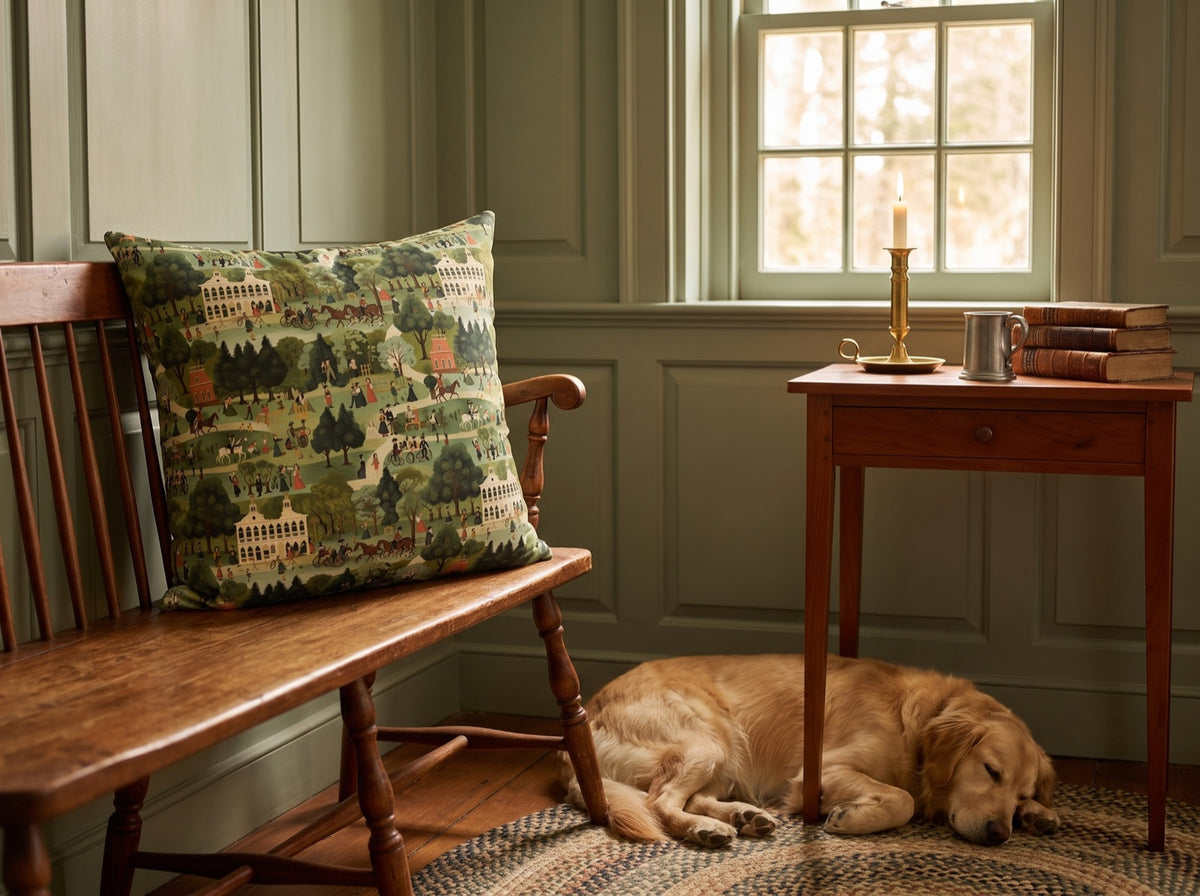 American 18th Century Town Tapestry square throw pillow in its unique interior setting