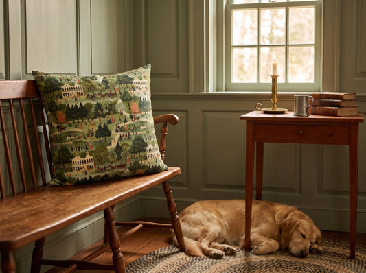 American 18th Century Town Tapestry square throw pillow in its unique interior setting