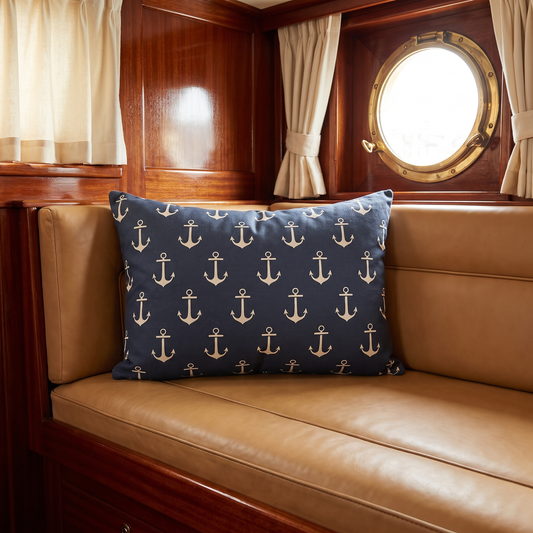 Anchors Aweigh lumbar pillow in a restored 1930s yacht cabin