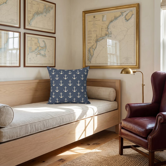 Anchors Aweigh square throw pillow in a sunlit coastal map room