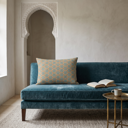 Andalusian Blossom Harmony Lumbar Pillow in an elegant teal Andalusian-inspired reading salon