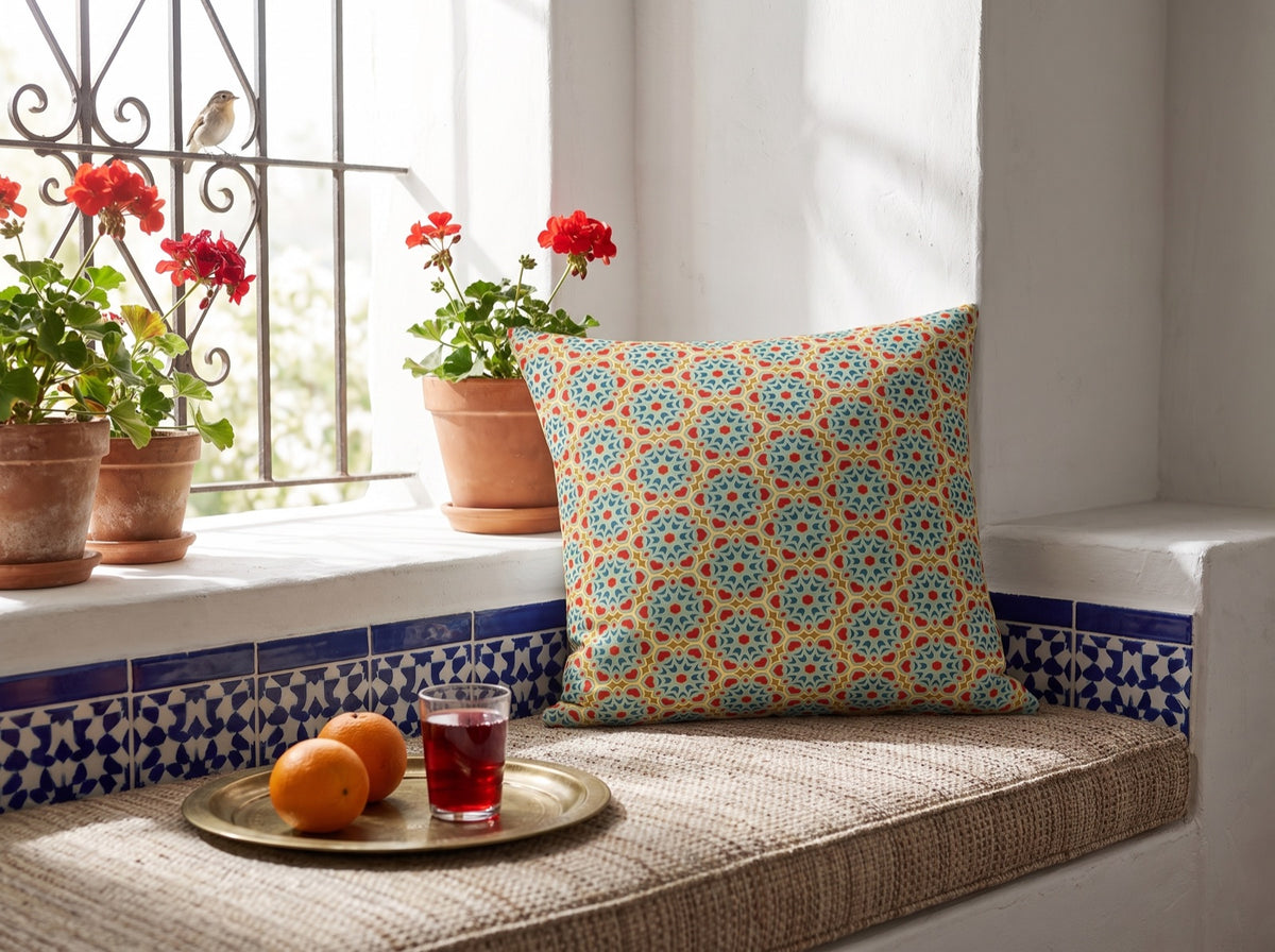 Andalusian Blossom Harmony square throw pillow in its unique interior setting