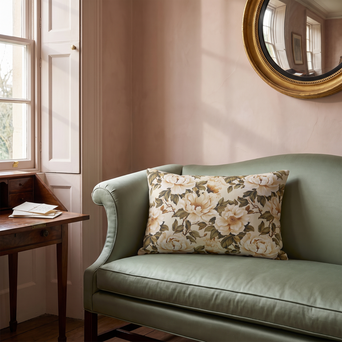 Austen Blooms lumbar pillow in an intimate Regency drawing room