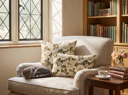 Austen Blooms square throw pillow in its unique interior setting