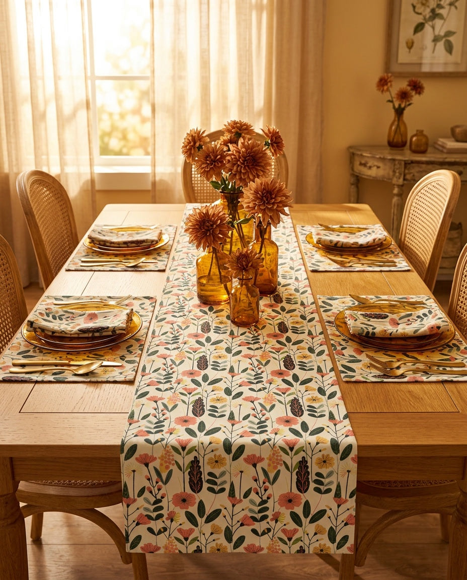 Autumn Bloom Delight napkins styled with the matching placemats and table runner