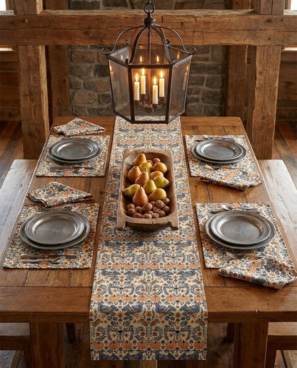 Autumn Harvest Woodcut napkins styled with the matching placemats and table runner