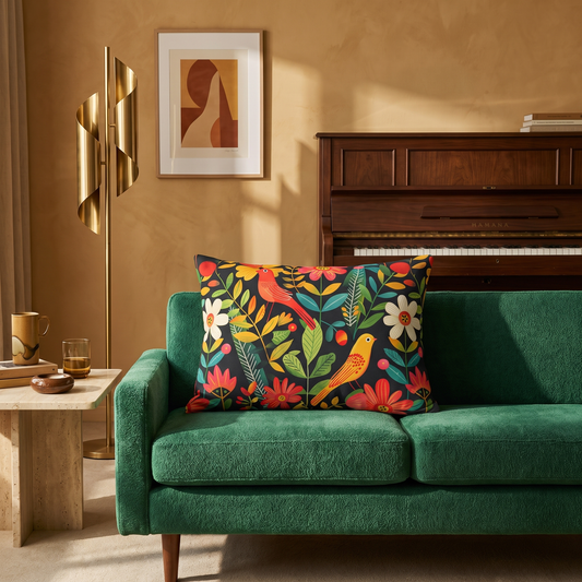 Blooming Bird Wonderland lumbar pillow in a warm 1970s music room