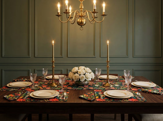 Blooming Bird Wonderland table runner styled straight-on with matching placemats and napkins