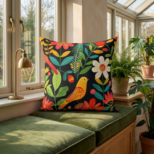Blooming Bird Wonderland square throw pillow in a bright conservatory window seat