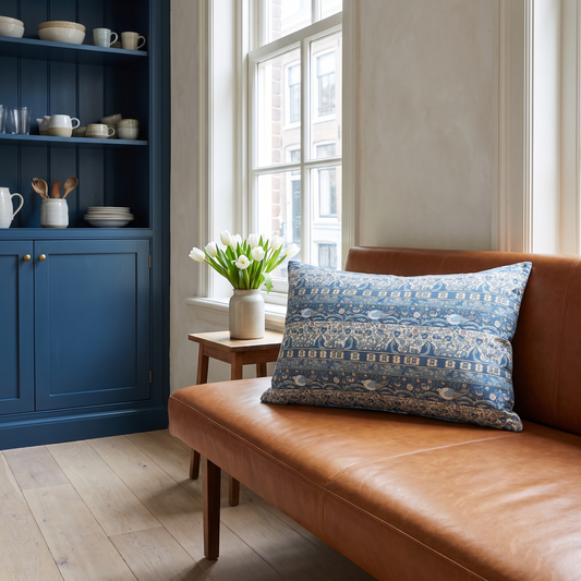 Blue Delft Dove lumbar pillow in an Amsterdam canal-house alcove