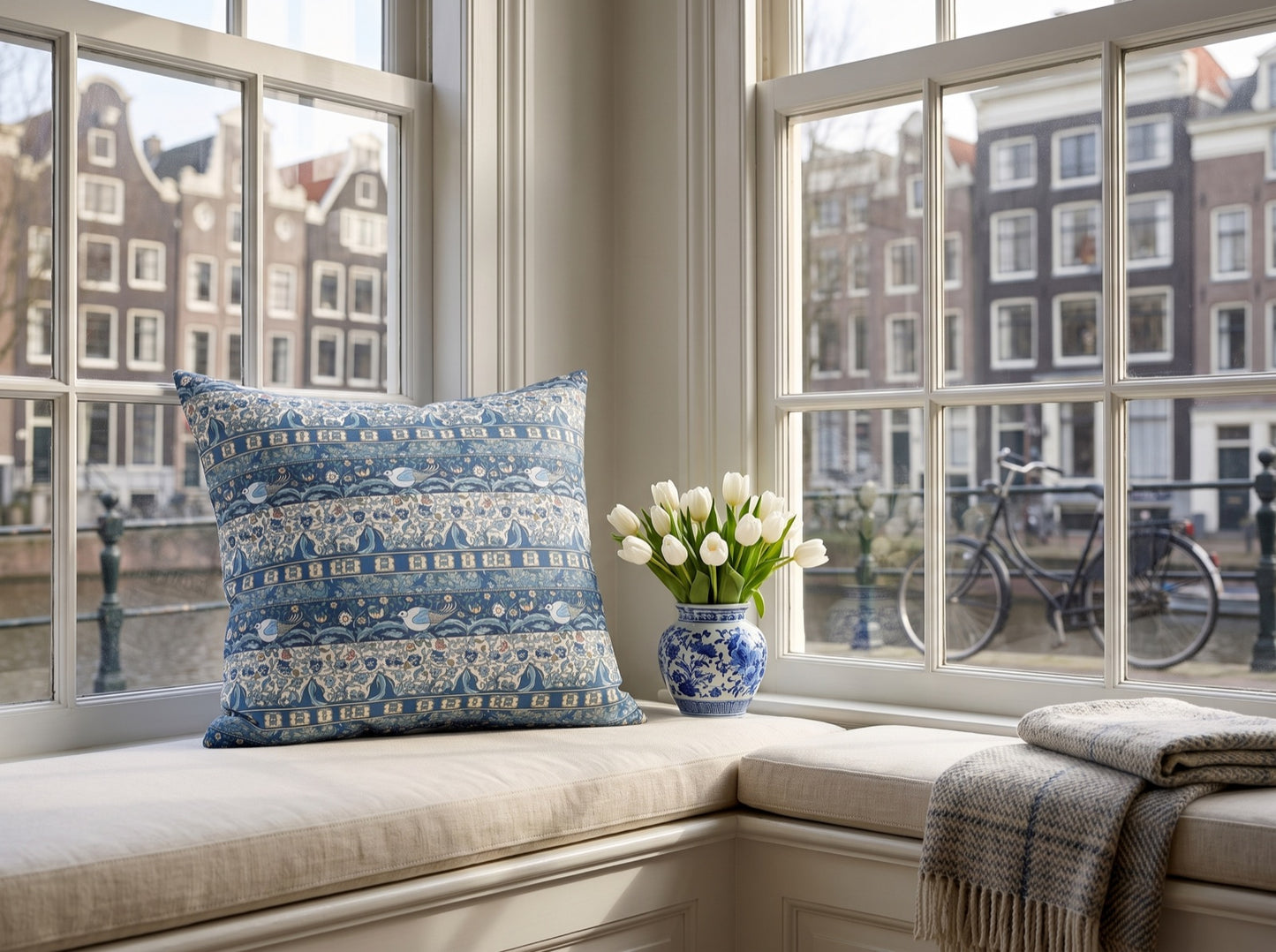 Blue Delft Dove square throw pillow in its unique interior setting