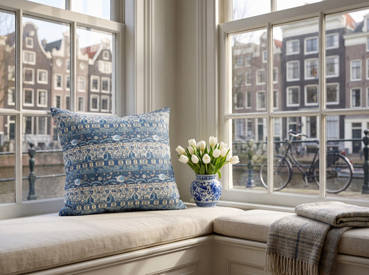 Blue Delft Dove square throw pillow in its unique interior setting
