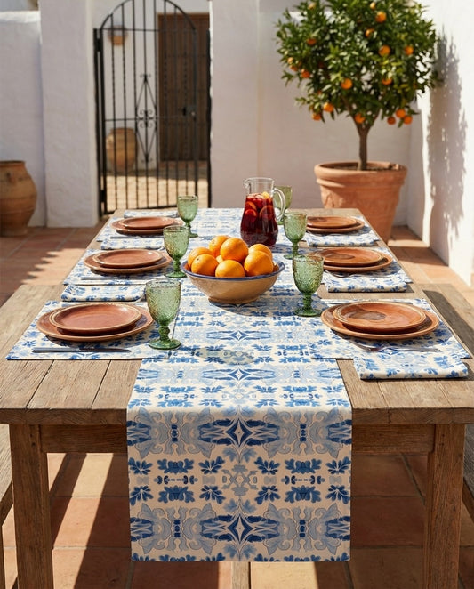 Blue Spanish Tile table runner styled straight-on with matching placemats and napkins