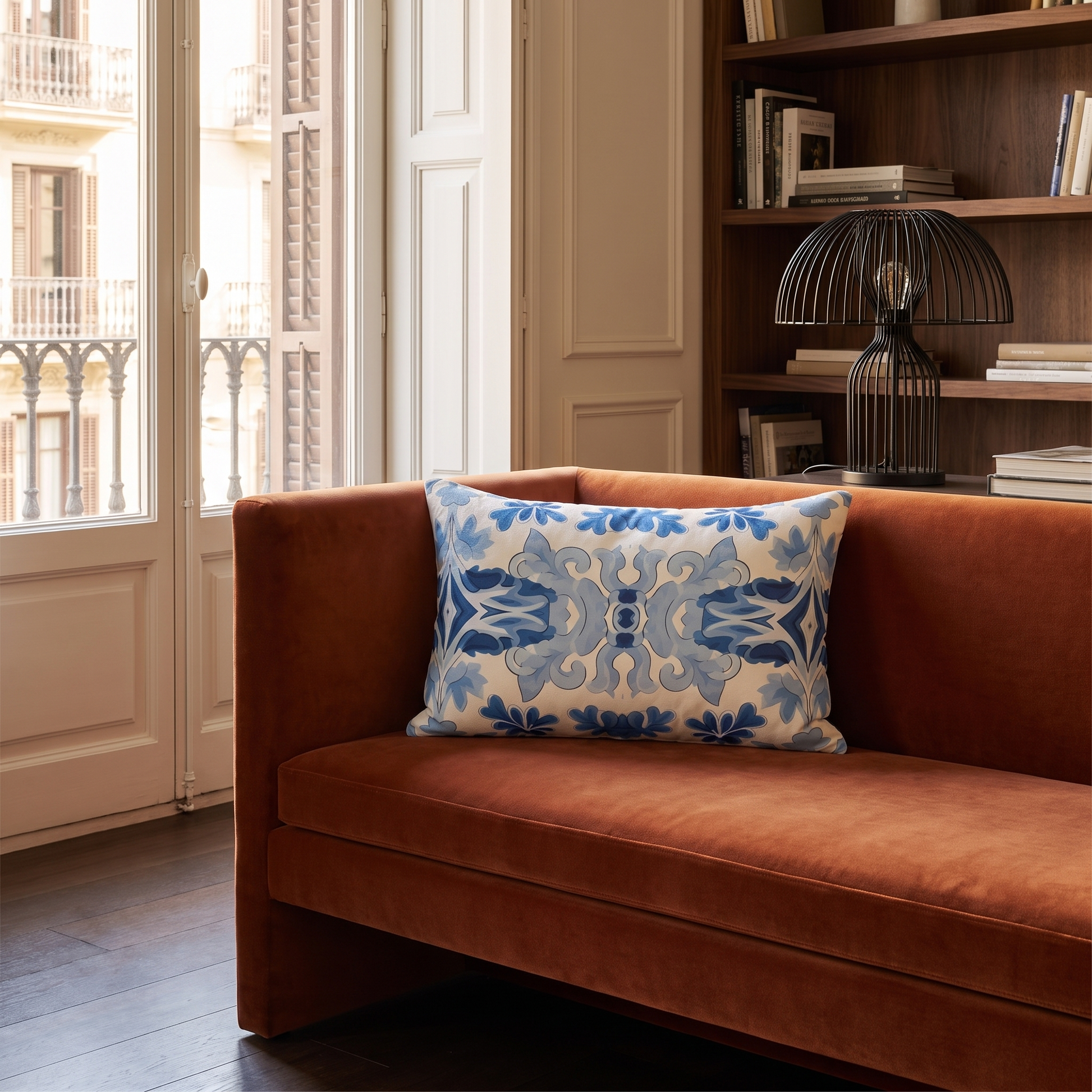 Blue Spanish Tile lumbar pillow styled in a Barcelona-inspired library
