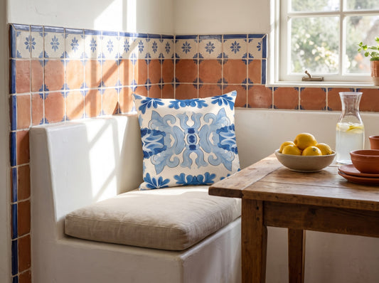 Blue Spanish Tile square throw pillow in its unique interior setting