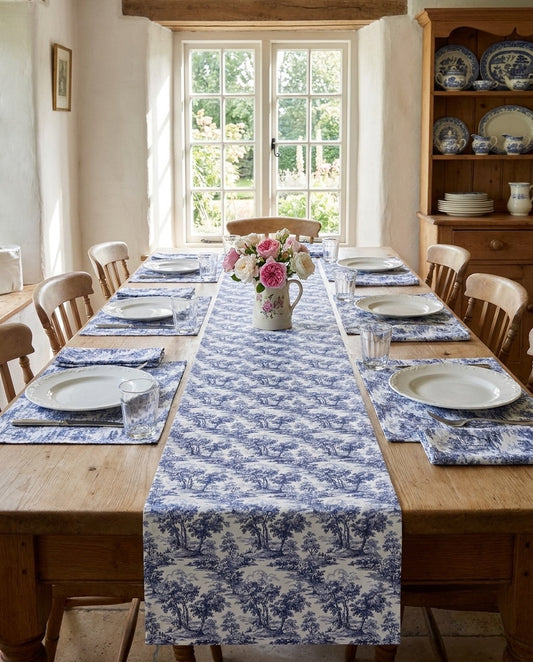 Blue & White English Countryside table runner styled straight-on with matching placemats and napkins