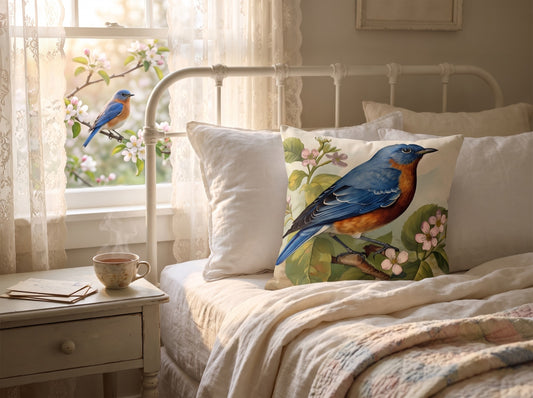 Bluebird Botanical square throw pillow in its unique interior setting