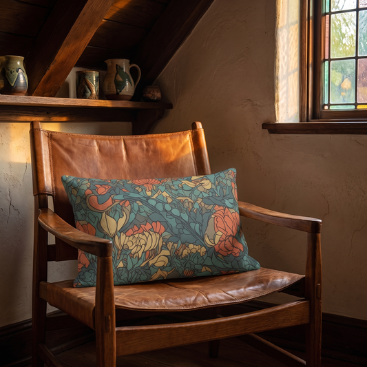 Bohemian Stained Glass Serenity lumbar pillow in an Arts and Crafts interior