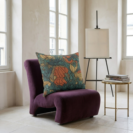 Bohemian Stained Glass Serenity square throw pillow on an aubergine chair in a luminous Parisian artist's atelier