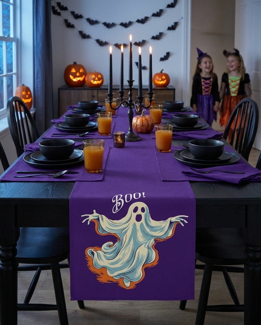 Boo! Chic Retro Ghost Halloween table runner styled straight-on with matching placemats and napkins