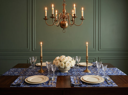 British Heritage Floral table runner styled straight-on with matching placemats and napkins