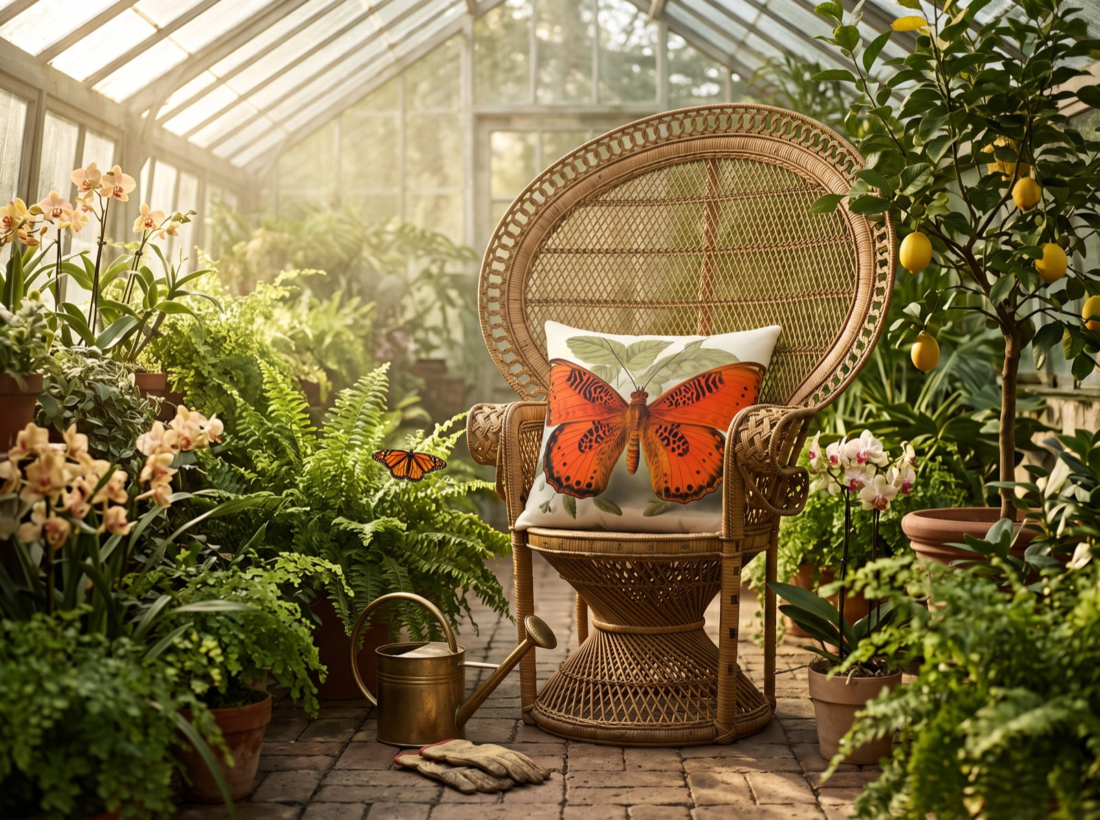 Butterfly Botanical square throw pillow in its unique interior setting