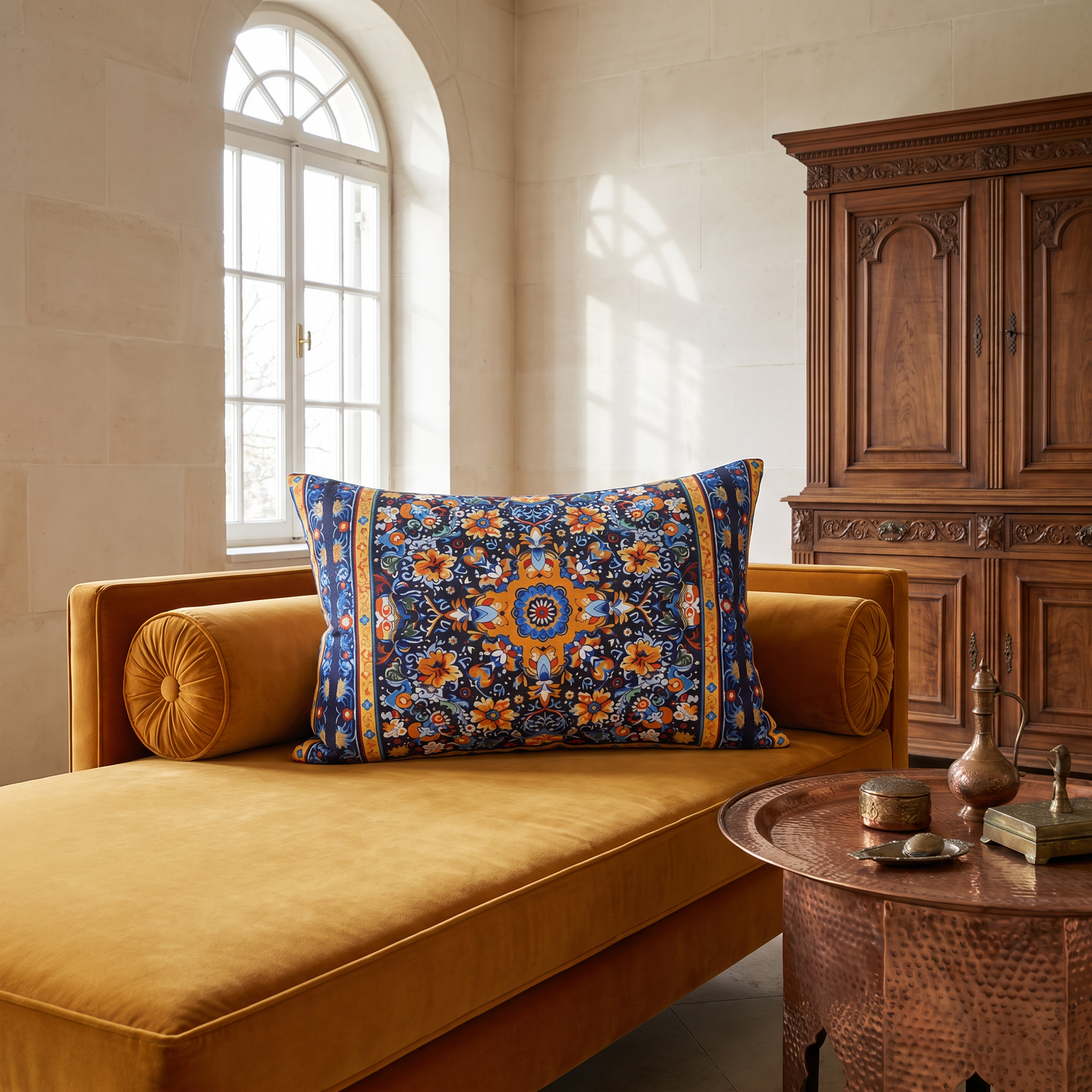 Byzantine Blue Bloom lumbar pillow on a saffron daybed