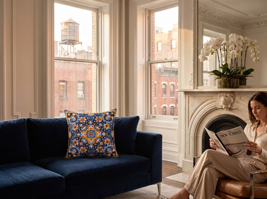 Byzantine Blue Bloom square throw pillow in its unique interior setting
