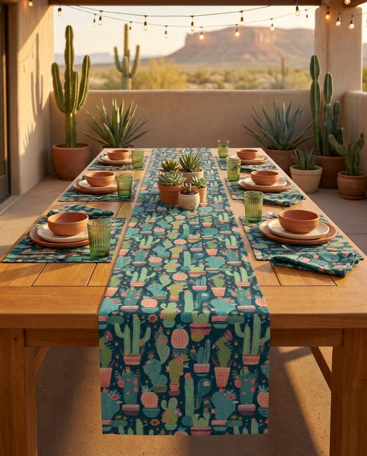 Cactus Cacophony table runner styled straight-on with matching placemats and napkins