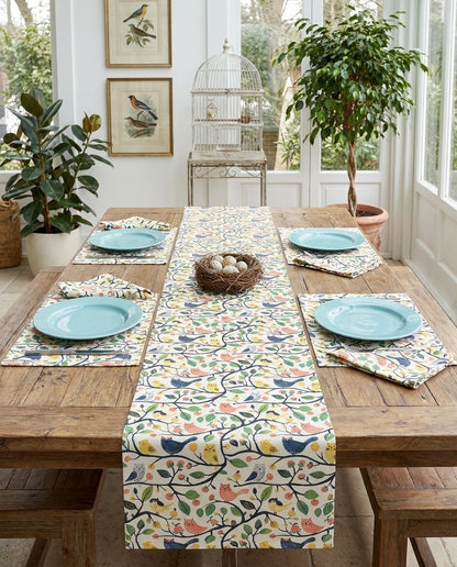Catbird Tree Designer napkins styled with the matching placemats and table runner