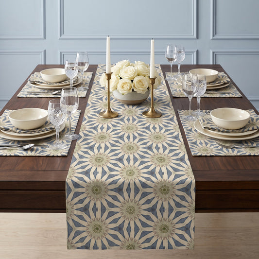 Celestial Harmony table runner styled straight-on with matching placemats and napkins