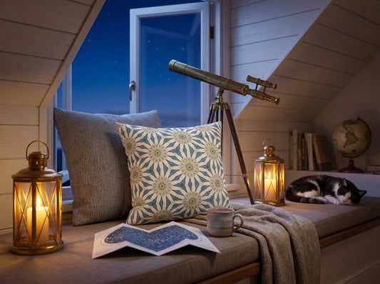 Celestial Harmony square throw pillow in its unique interior setting