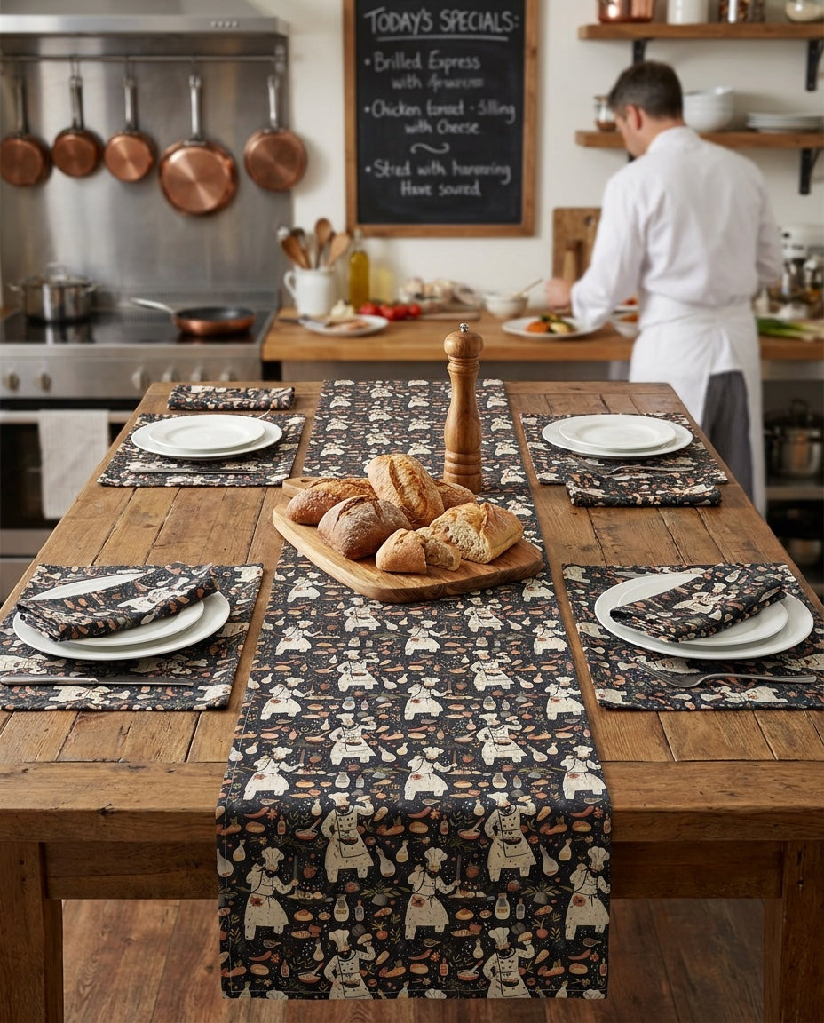 Chef's Delight napkins styled with the matching placemats and table runner