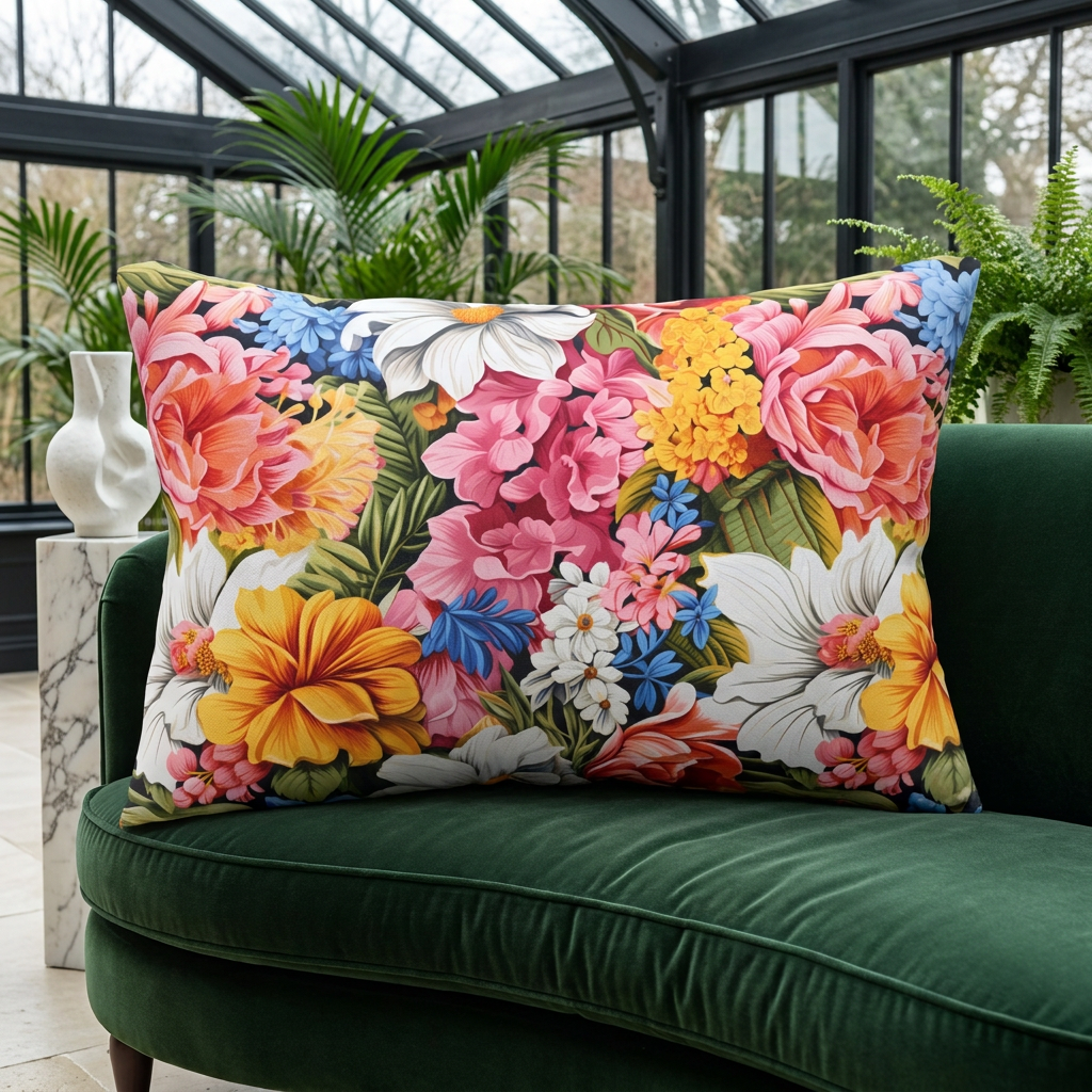 Chic Floral lumbar pillow on a bottle-green velvet settee in a bright glass-roofed conservatory