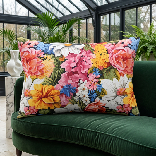 Chic Floral lumbar pillow on a bottle-green velvet settee in a bright glass-roofed conservatory