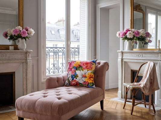 Chic Floral square throw pillow in its unique interior setting